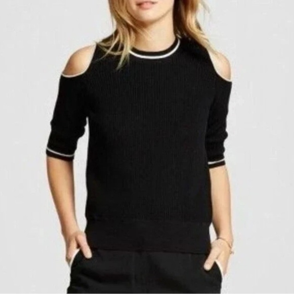 Who What Wear Women’s X Small Black Ribbed Cold Shoulder Sweater Half Sleeve XS